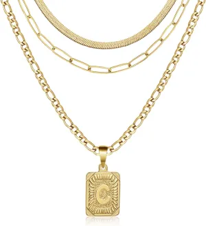Honsny 3 PCS Gold Layered Necklace Set for Women Gold Filled Dainty Paperclip Snake Choker Figaro Chain Layering Necklaces Jewelry Gifts Square Pendant Letter A-Z