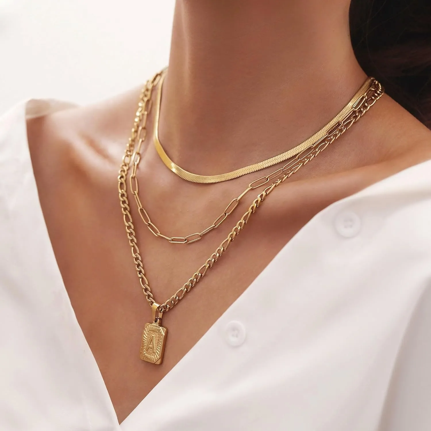 Honsny 3 PCS Gold Layered Necklace Set for Women Gold Filled Dainty Paperclip Snake Choker Figaro Chain Layering Necklaces Jewelry Gifts Square Pendant Letter A-Z