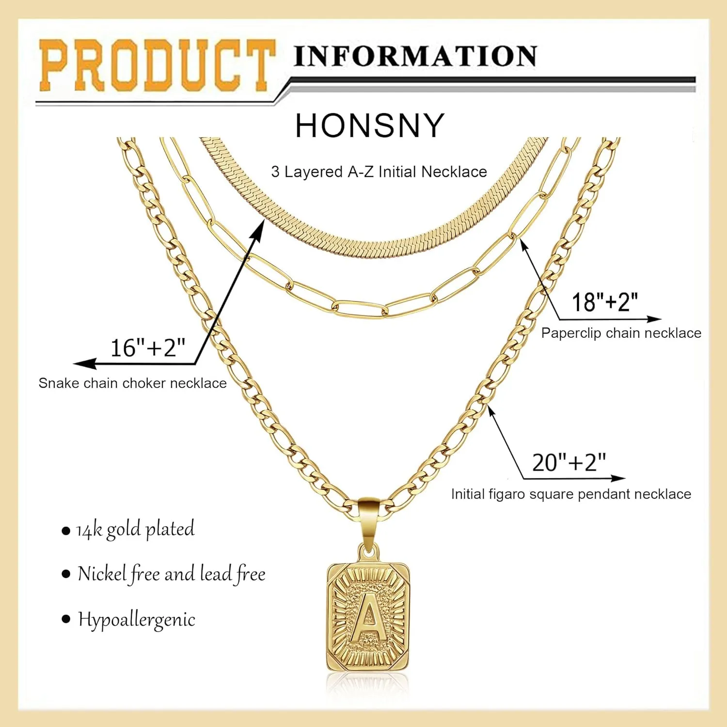 Honsny 3 PCS Gold Layered Necklace Set for Women Gold Filled Dainty Paperclip Snake Choker Figaro Chain Layering Necklaces Jewelry Gifts Square Pendant Letter A-Z
