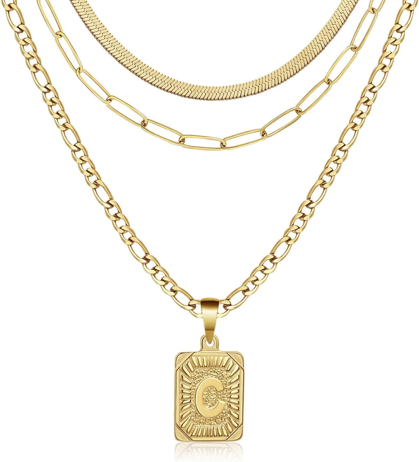 Honsny 3 PCS Gold Layered Necklace Set for Women Gold Filled Dainty Paperclip Snake Choker Figaro Chain Layering Necklaces Jewelry Gifts Square Pendant Letter A-Z