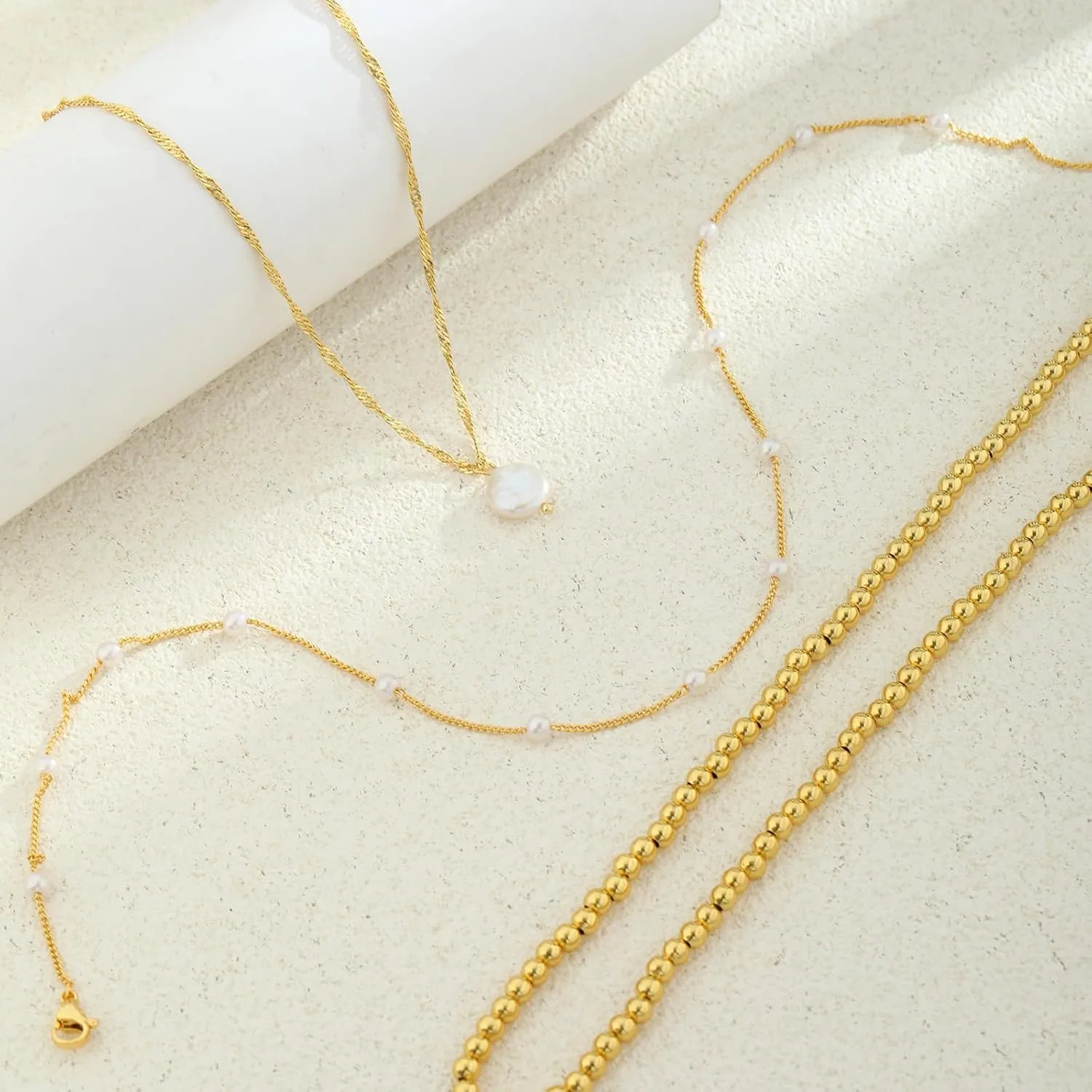 Hothty Gold Layered Charm Necklaces for Women, Dainty Stackable Simple Waterproof Choker Necklace Seashell Pearl Beach Necklaces Set Jewelry Gifts