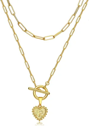 HUASAI Gold Initial Necklaces for Women Gold Dainty Layered Stainless Steel Paperclip Toggle Necklace Personalized Gold Heart Initial Layering Necklaces