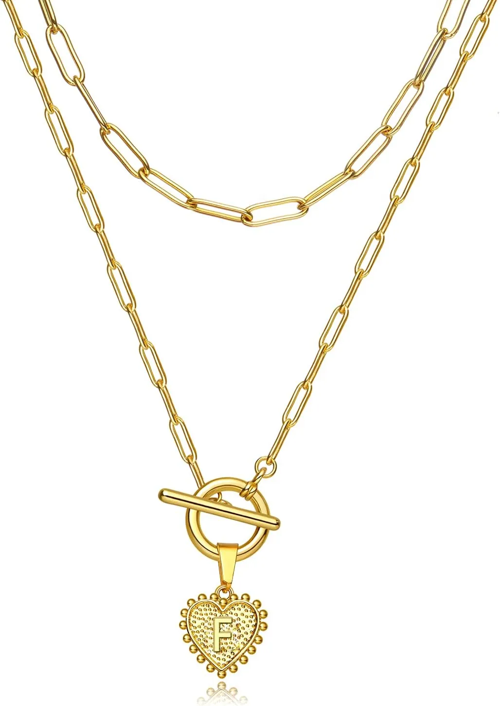 HUASAI Gold Initial Necklaces for Women Gold Dainty Layered Stainless Steel Paperclip Toggle Necklace Personalized Gold Heart Initial Layering Necklaces