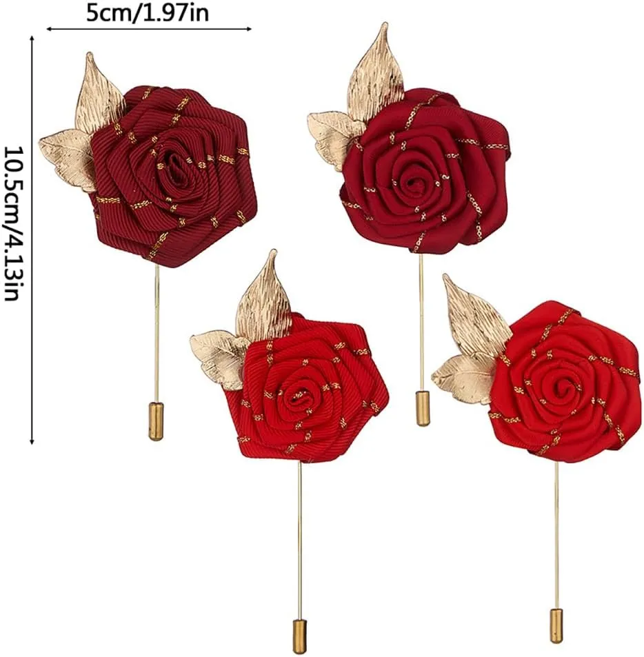 ikasus 4 Piece Gold Leaf Satin Rose Groom Boutonniere Corsage Men Lapel Buttons Pins for Wedding Prom Dance Party, Black