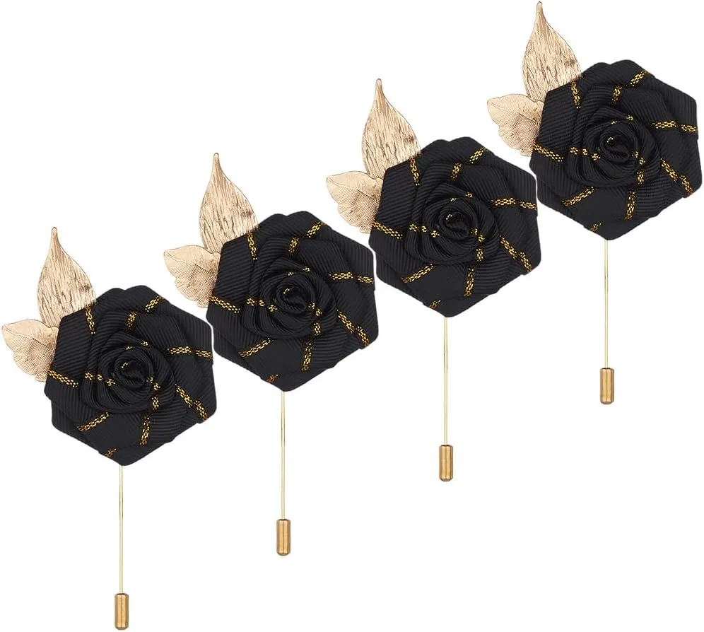 ikasus 4 Piece Gold Leaf Satin Rose Groom Boutonniere Corsage Men Lapel Buttons Pins for Wedding Prom Dance Party, Black