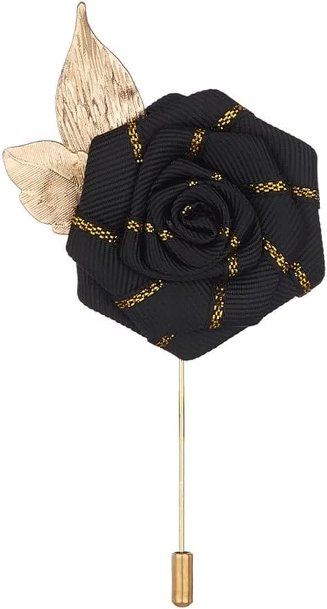 ikasus 4 Piece Gold Leaf Satin Rose Groom Boutonniere Corsage Men Lapel Buttons Pins for Wedding Prom Dance Party, Black