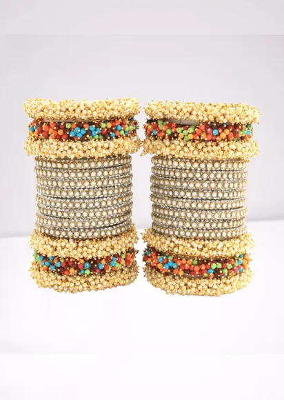 Indian bangle set , Bridal bangles, Metal bangles, Traditional wedding jewelry, Pearls and Stones Bridal Bangle Set for Women