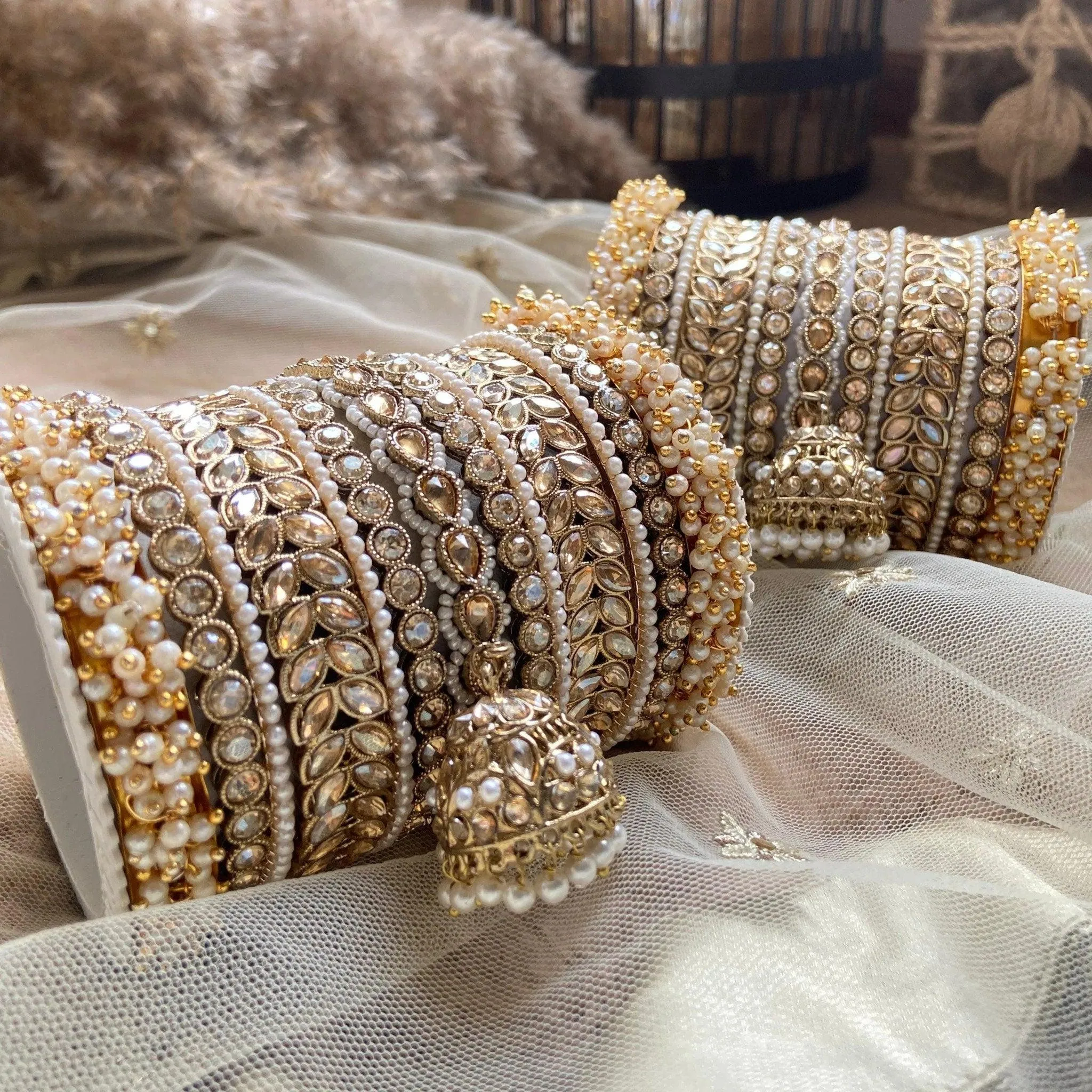 Indian Bangle Set, Golden Stone pearl Indian Asian bangles with jhumki
