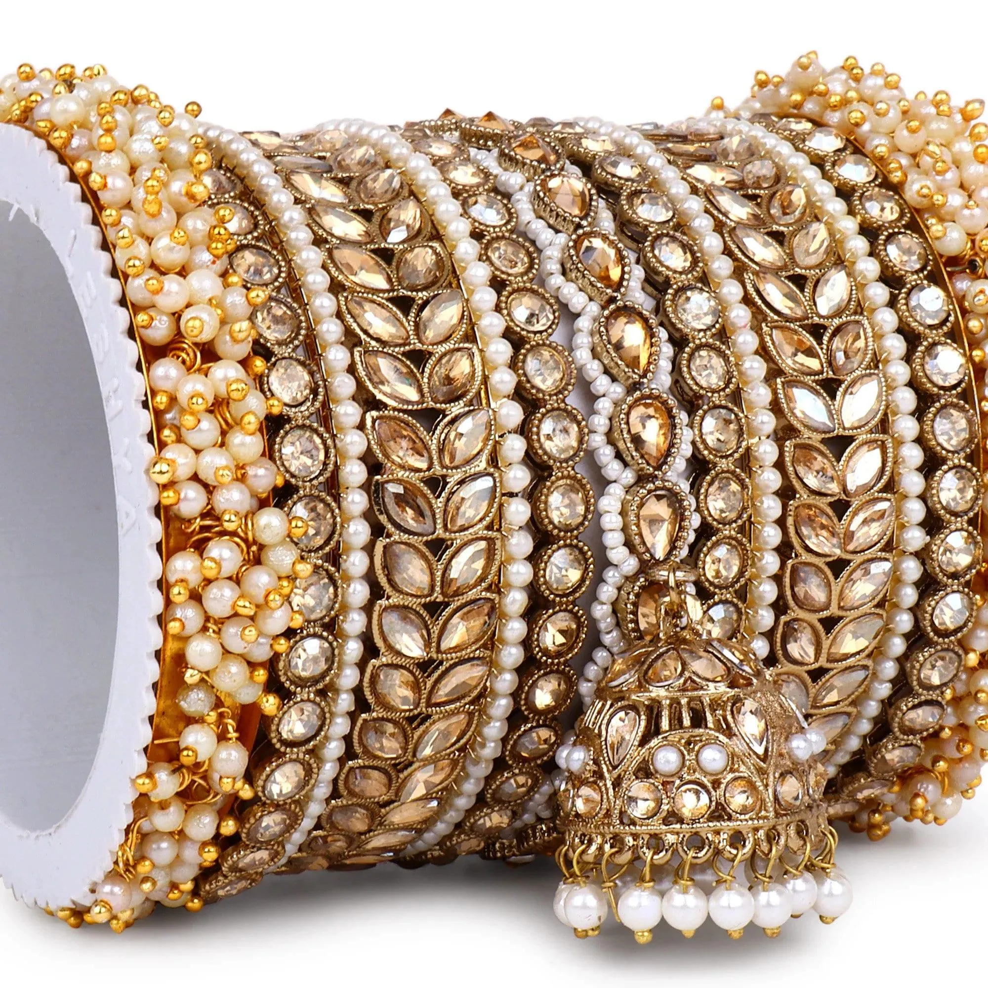 Indian Bangle Set, Golden Stone pearl Indian Asian bangles with jhumki