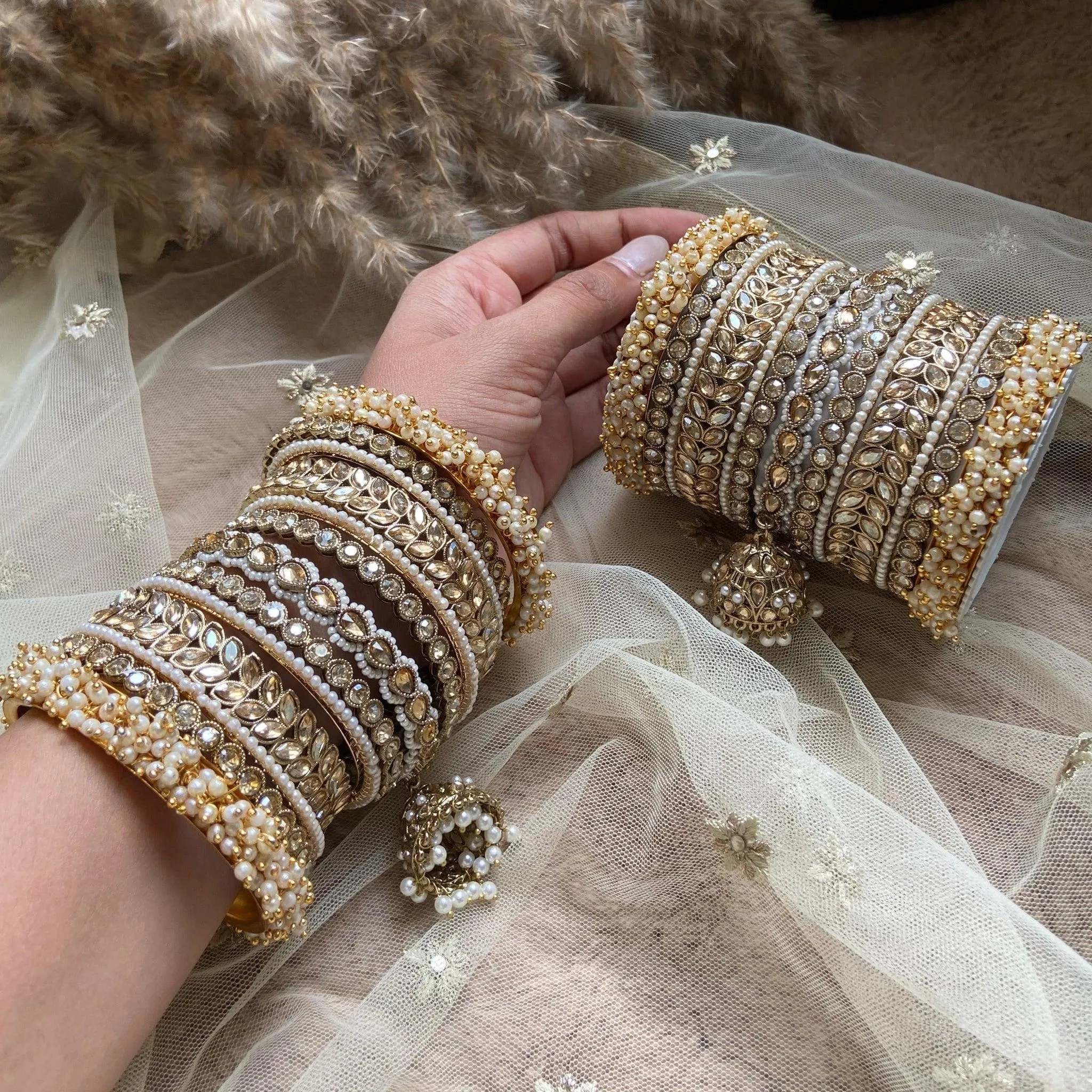 Indian Bangle Set, Golden Stone pearl Indian Asian bangles with jhumki