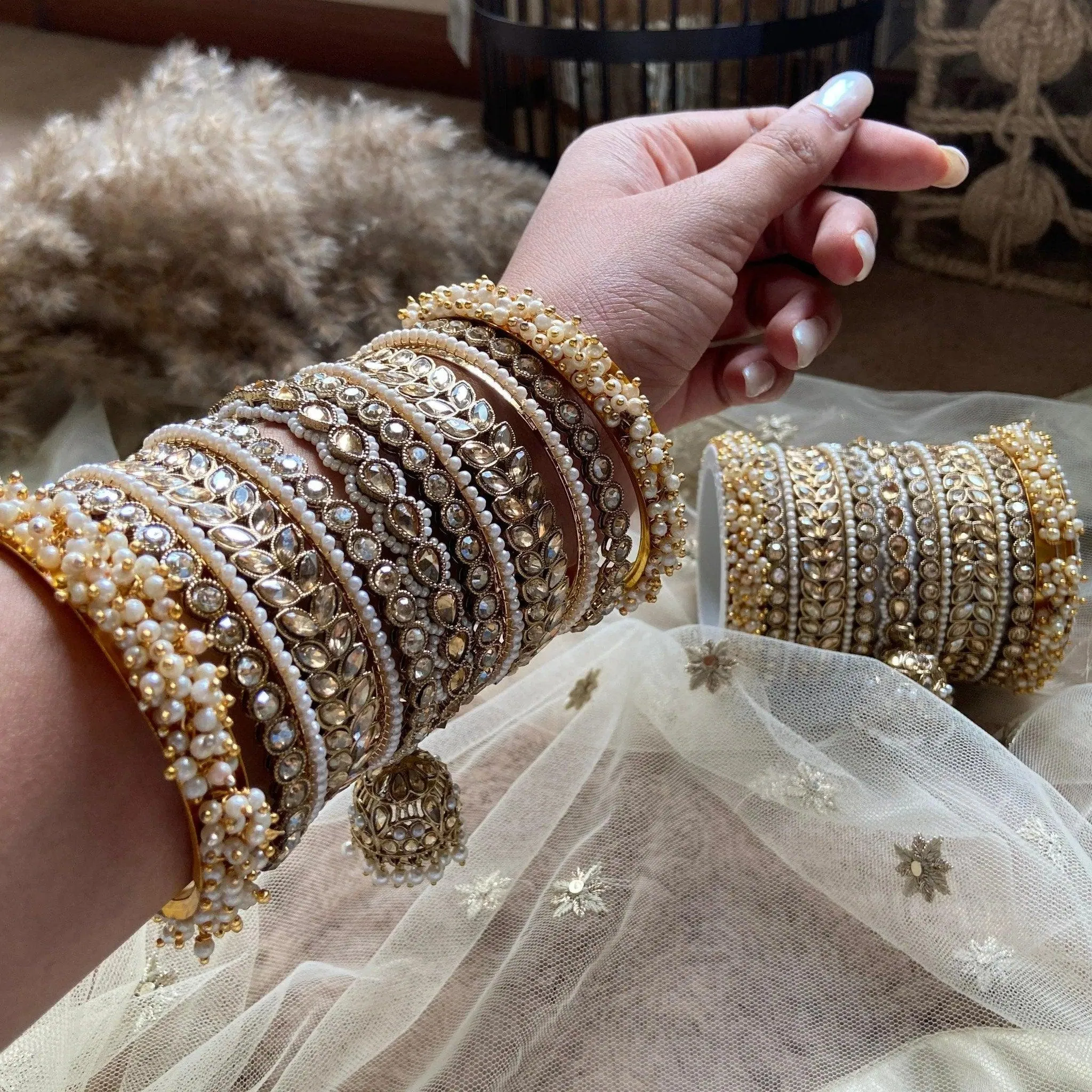 Indian Bangle Set, Golden Stone pearl Indian Asian bangles with jhumki