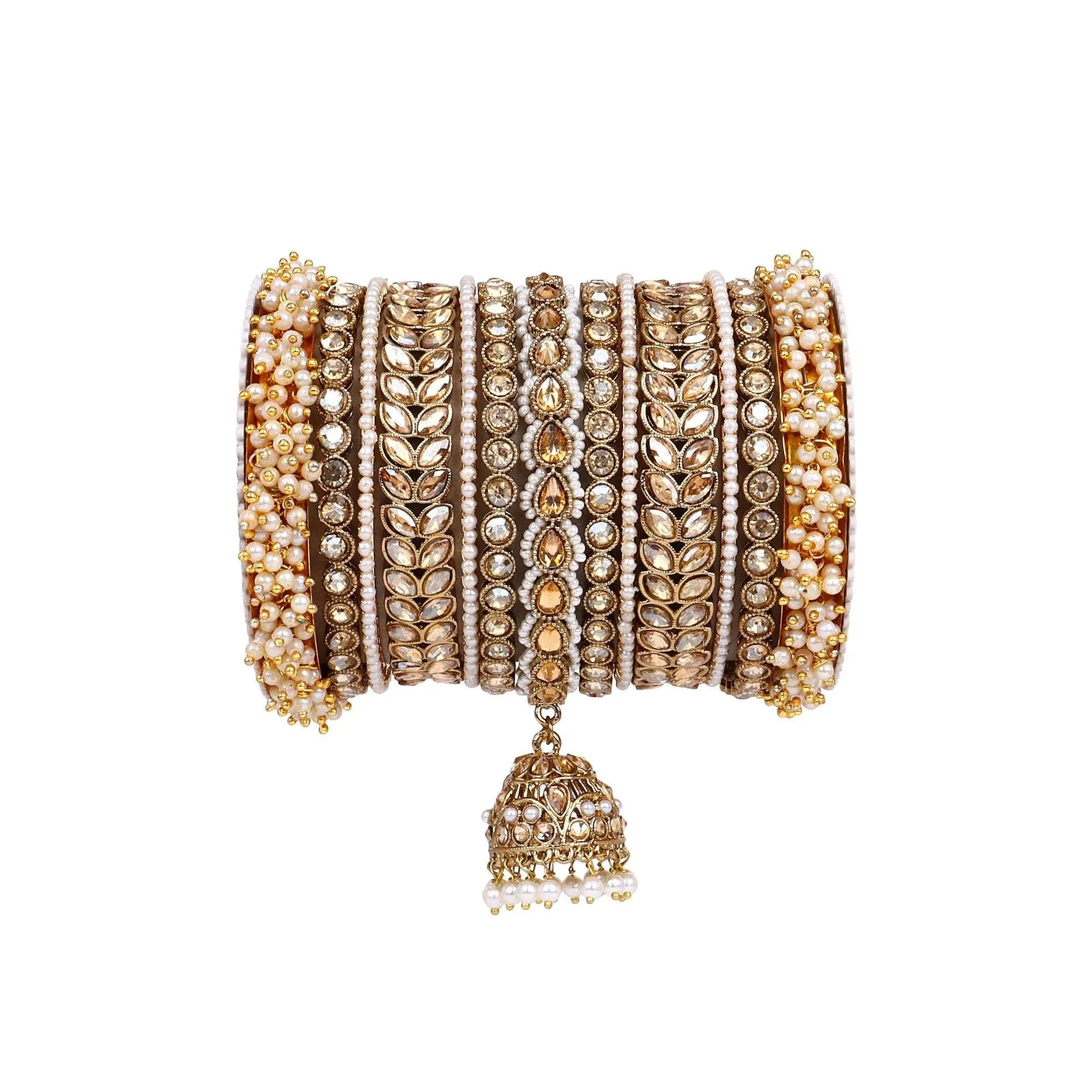 Indian Bangle Set, Golden Stone pearl Indian Asian bangles with jhumki