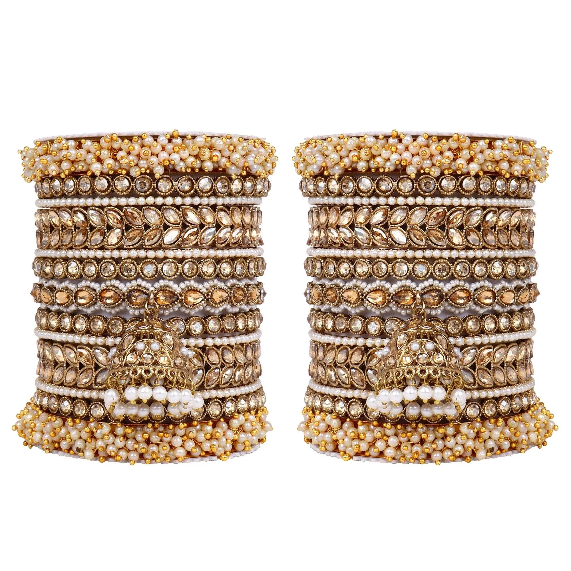 Indian Bangle Set, Golden Stone pearl Indian Asian bangles with jhumki