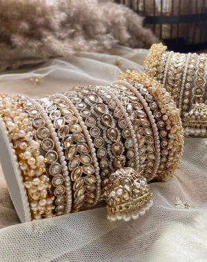 Indian Bangle Set, Golden Stone pearl Indian Asian bangles with jhumki