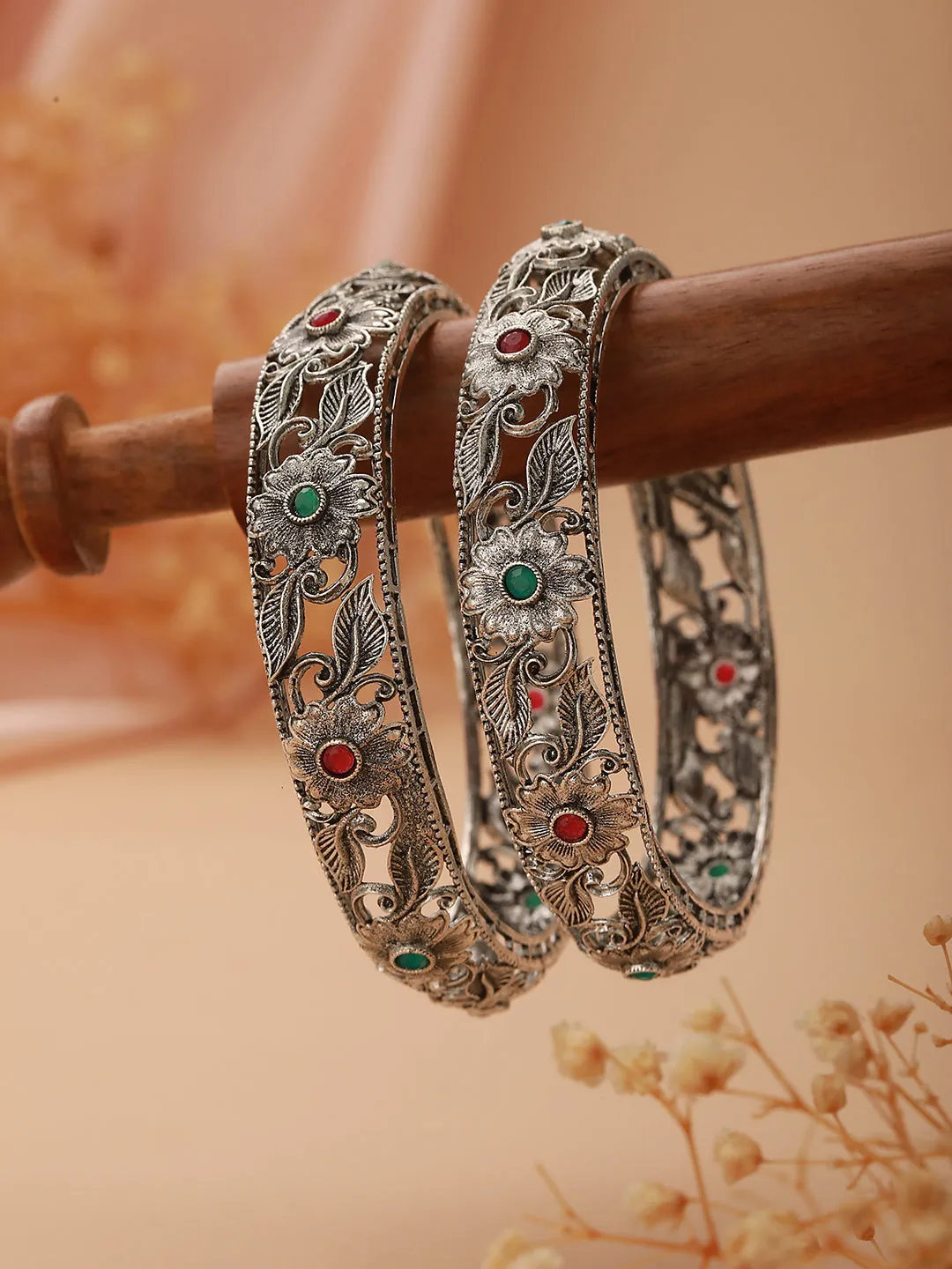 Jazz And Sizzle Set Of 2 Oxidised Silver-Toned Green & Red Stone Studded Traditional Bangles