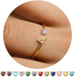 JSJOY Birthstone Rings for Women 26 A-Z Initial Ring Adjustable 14k Gold Ring Birthday Gifts for Her Rings for Teen Sister Bridesmaid Gifts Dainty Letter Jewelry