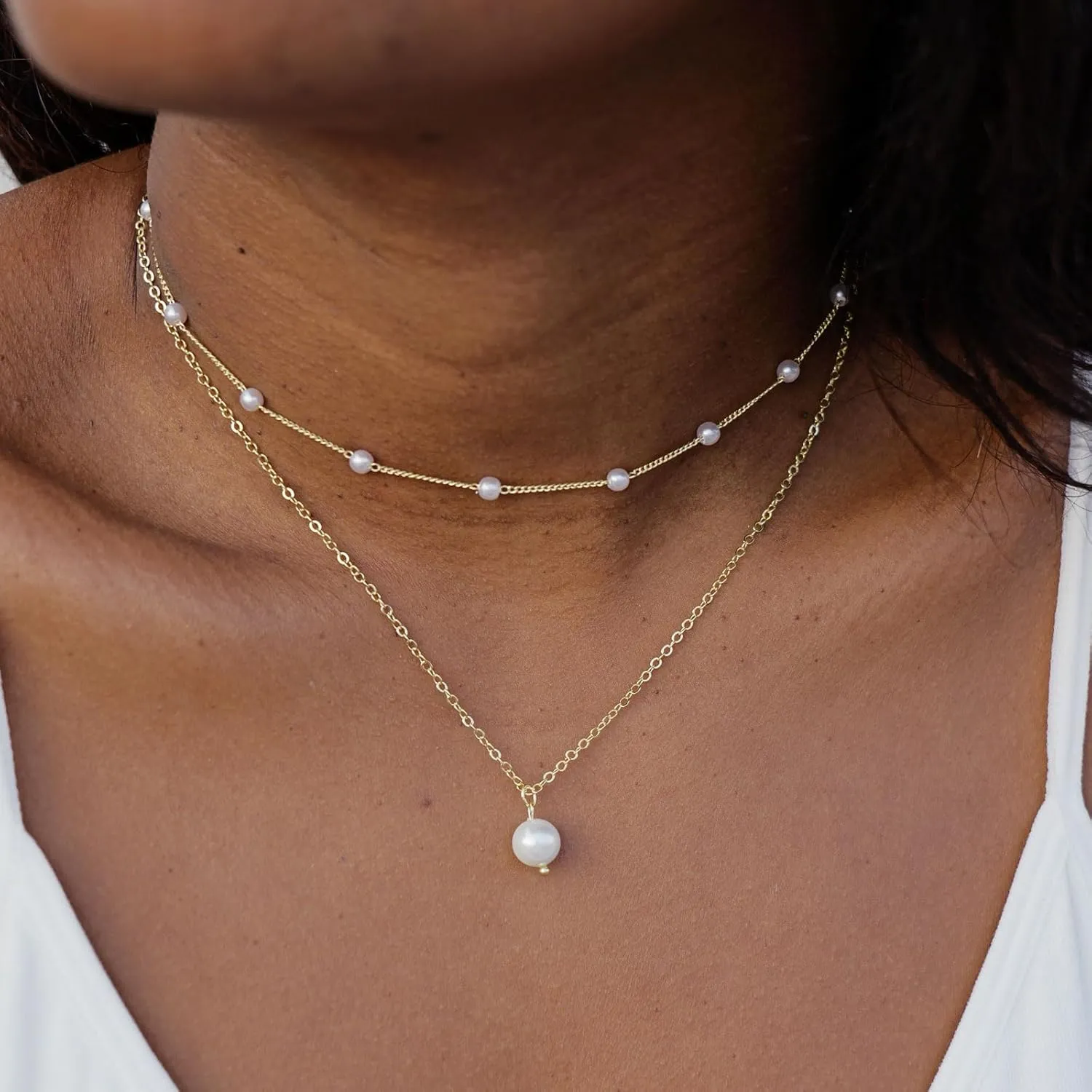 Kyerlyn Dainty Pearl Pendant Necklaces for Women 14K Gold Plated Handmade Layered Pearl Chain Necklace Delicate Layered Pearl Necklace Everyday Jewelry Gift