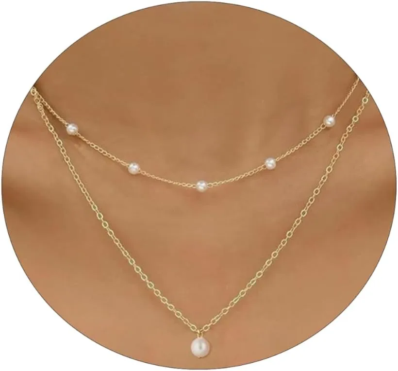 Kyerlyn Dainty Pearl Pendant Necklaces for Women 14K Gold Plated Handmade Layered Pearl Chain Necklace Delicate Layered Pearl Necklace Everyday Jewelry Gift