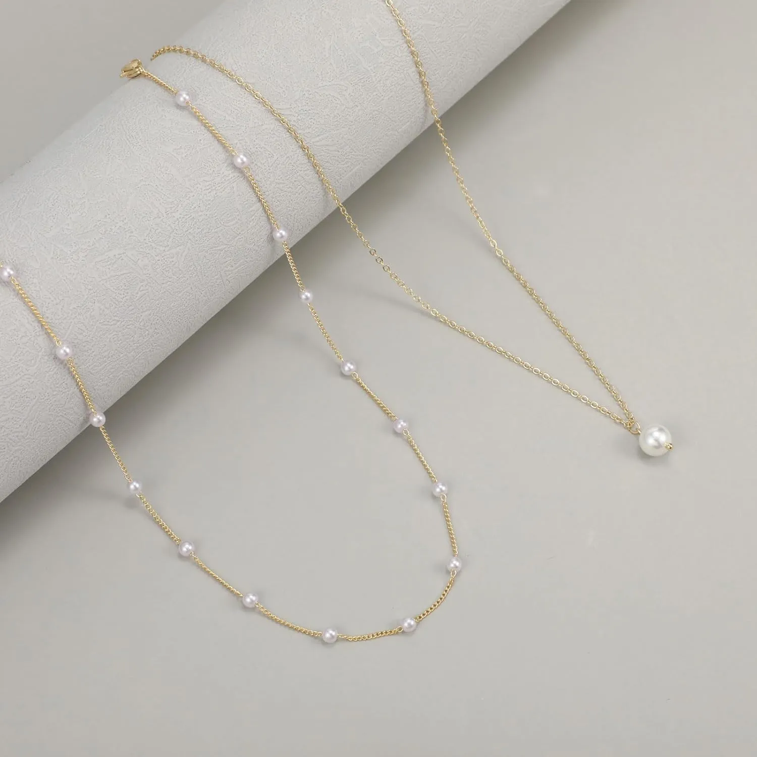 Kyerlyn Dainty Pearl Pendant Necklaces for Women 14K Gold Plated Handmade Layered Pearl Chain Necklace Delicate Layered Pearl Necklace Everyday Jewelry Gift