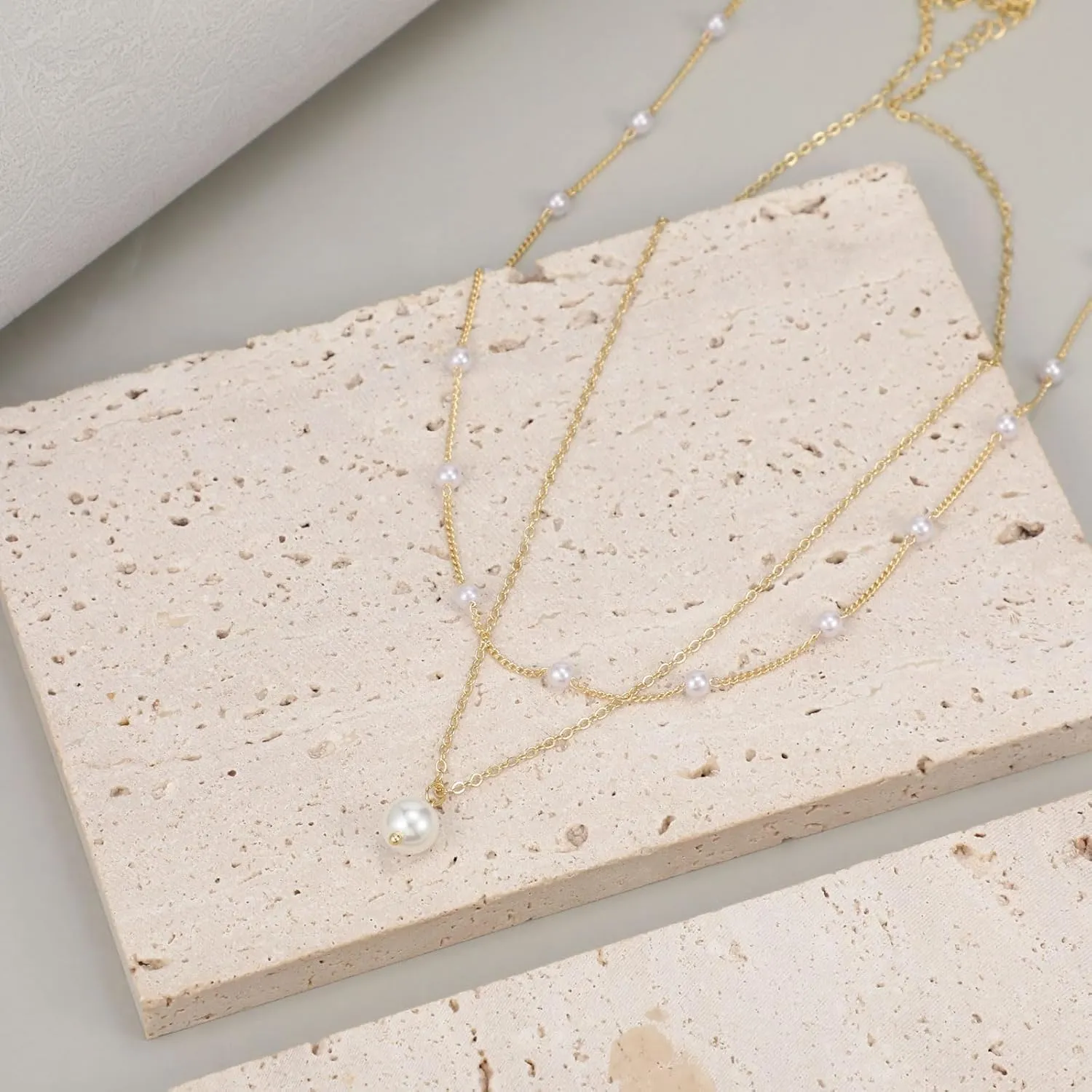 Kyerlyn Dainty Pearl Pendant Necklaces for Women 14K Gold Plated Handmade Layered Pearl Chain Necklace Delicate Layered Pearl Necklace Everyday Jewelry Gift