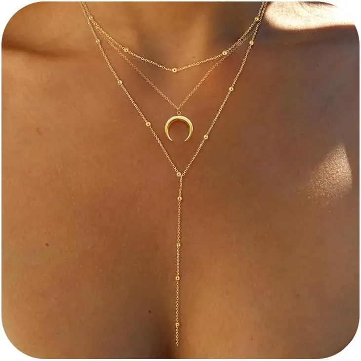 Lariat Gold Necklace for Women, Dainty 14k Long Gold Necklace Set Simple Layered Gold Plated Pendant Beaded Drop Chain Jewelry Y Stacked Necklaces for Women