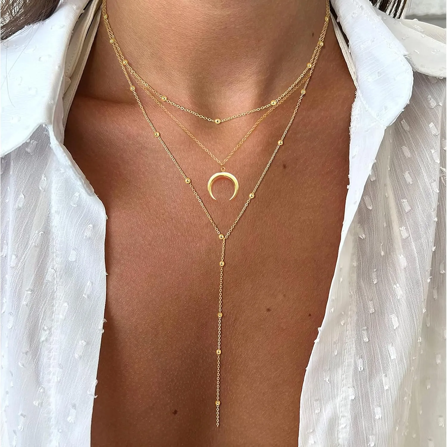 Lariat Gold Necklace for Women, Dainty 14k Long Gold Necklace Set Simple Layered Gold Plated Pendant Beaded Drop Chain Jewelry Y Stacked Necklaces for Women