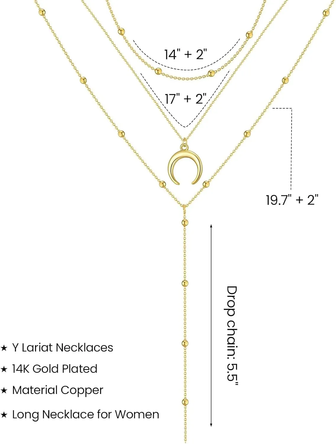 Lariat Gold Necklace for Women, Dainty 14k Long Gold Necklace Set Simple Layered Gold Plated Pendant Beaded Drop Chain Jewelry Y Stacked Necklaces for Women