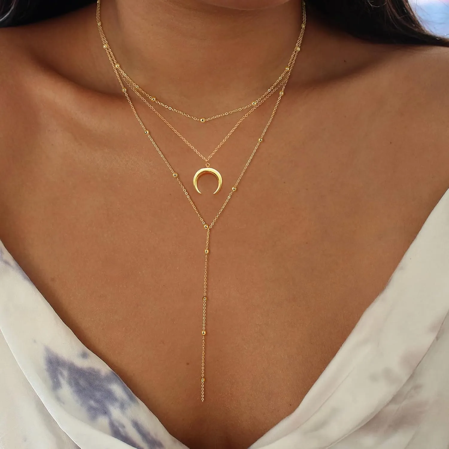 Lariat Gold Necklace for Women, Dainty 14k Long Gold Necklace Set Simple Layered Gold Plated Pendant Beaded Drop Chain Jewelry Y Stacked Necklaces for Women