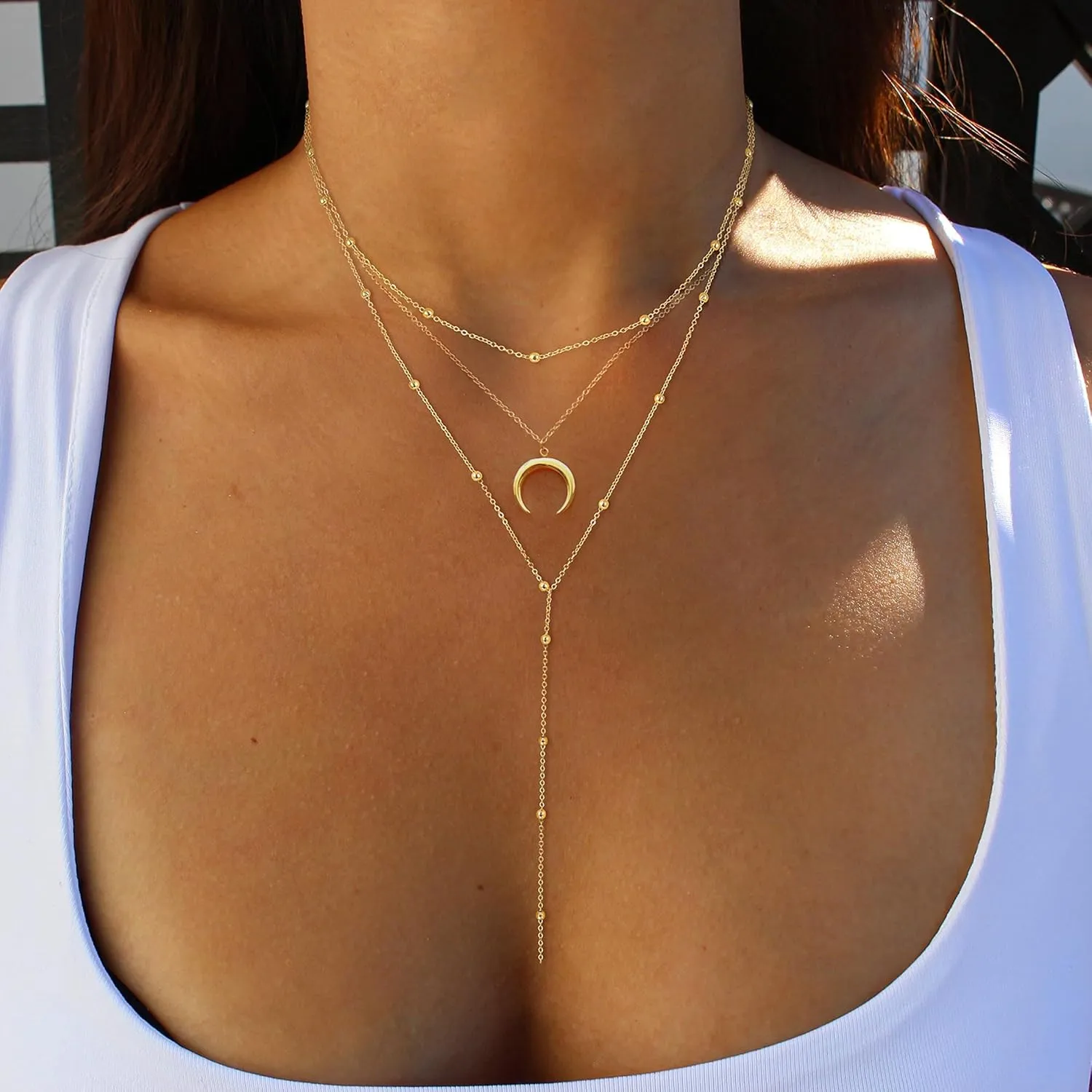 Lariat Gold Necklace for Women, Dainty 14k Long Gold Necklace Set Simple Layered Gold Plated Pendant Beaded Drop Chain Jewelry Y Stacked Necklaces for Women