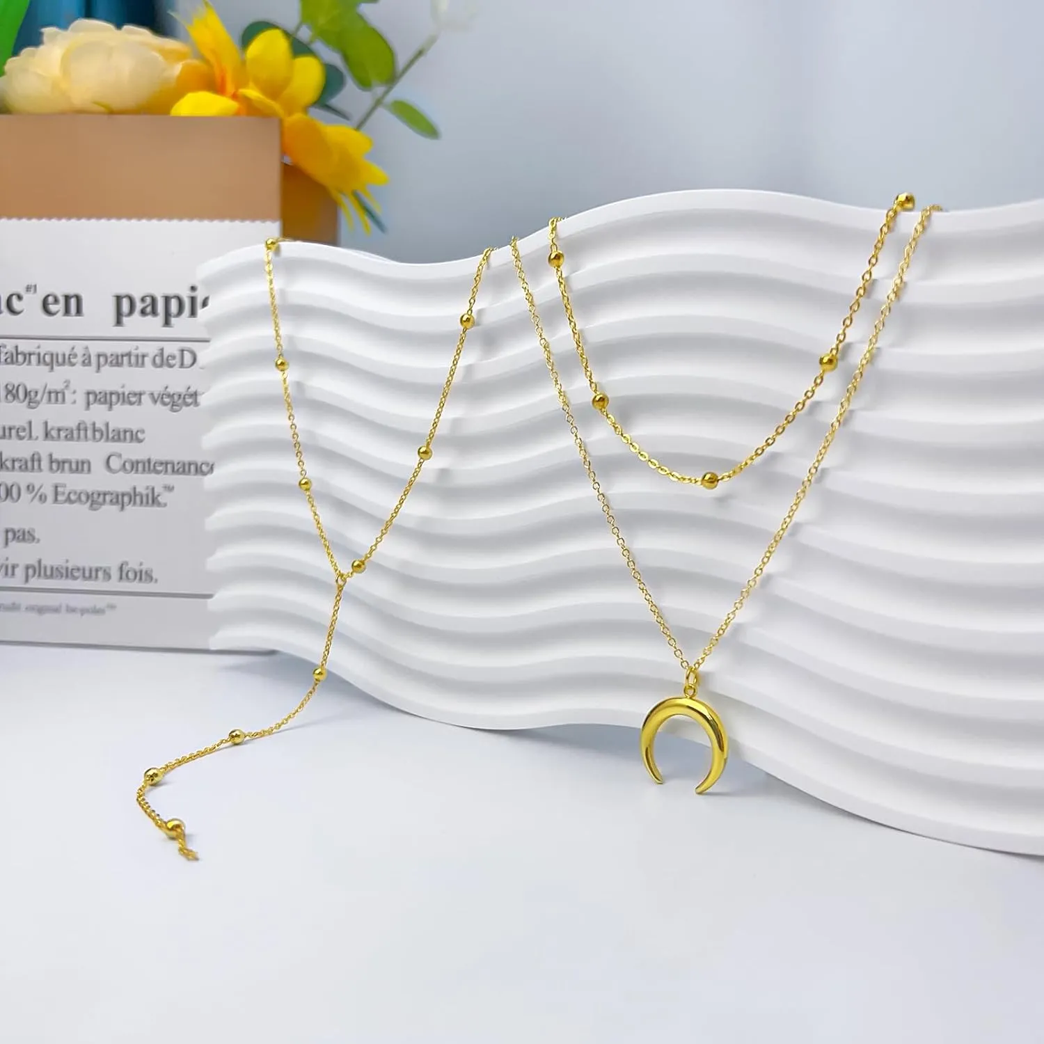 Lariat Gold Necklace for Women, Dainty 14k Long Gold Necklace Set Simple Layered Gold Plated Pendant Beaded Drop Chain Jewelry Y Stacked Necklaces for Women