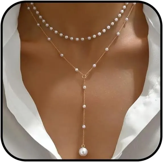 Lasso Necklace for Woman Gold And Pearl Lasso Necklace Exquisite Waterproof Adjustable Y Shaped Sun Necklaces Layered Pearl Lariat Necklaces Jewelry