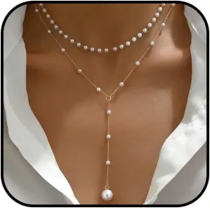 Lasso Necklace for Woman Gold And Pearl Lasso Necklace Exquisite Waterproof Adjustable Y Shaped Sun Necklaces Layered Pearl Lariat Necklaces Jewelry