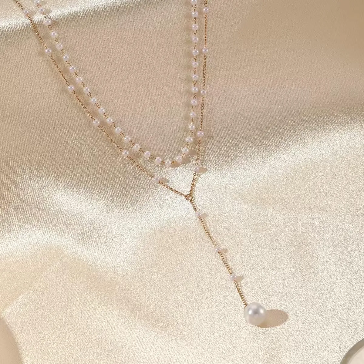 Lasso Necklace for Woman Gold And Pearl Lasso Necklace Exquisite Waterproof Adjustable Y Shaped Sun Necklaces Layered Pearl Lariat Necklaces Jewelry