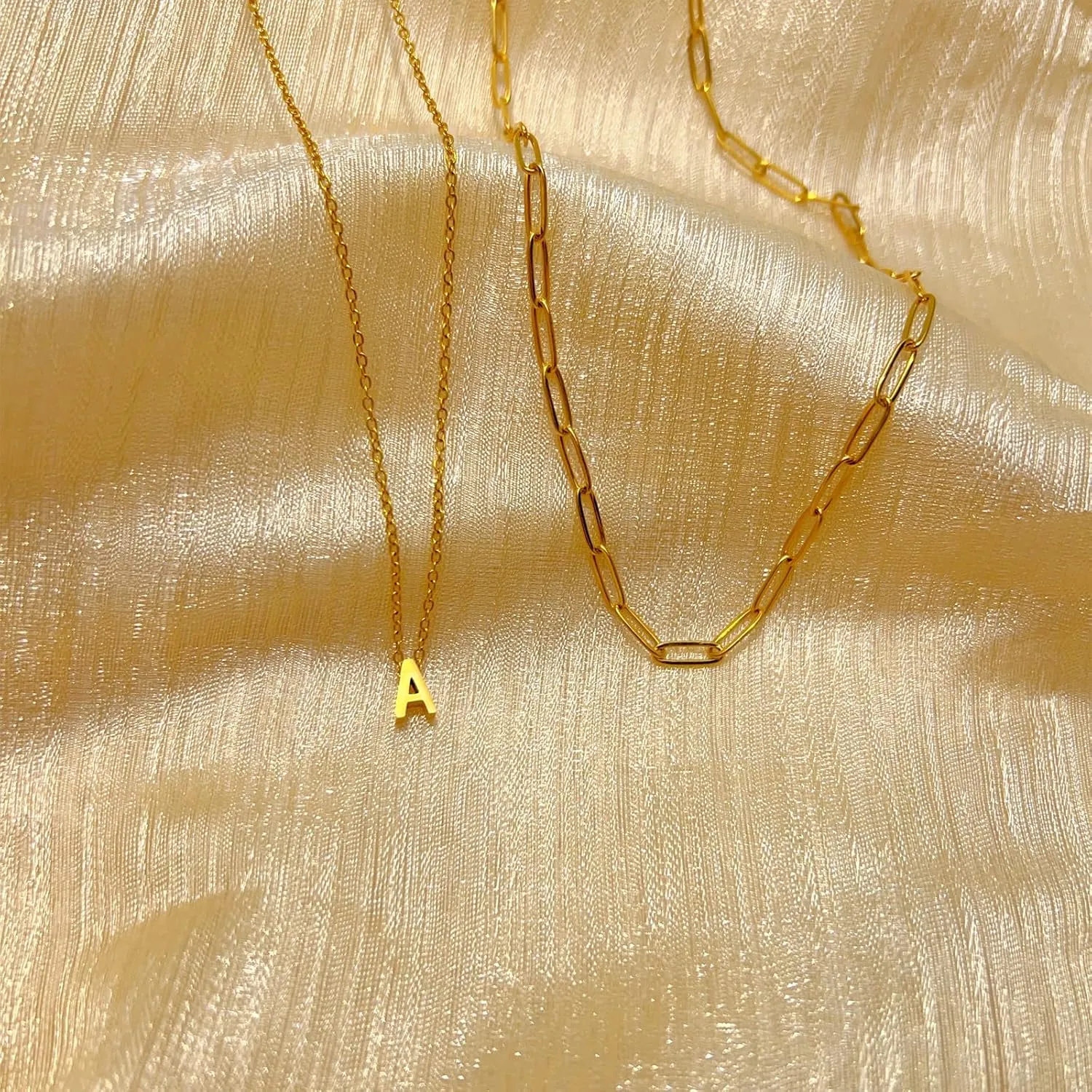 Layered Gold Initial Necklaces for Women, 18k Gold Letter Necklace Stack Charms Dainty Gold Plated Choker Paperclip Chain Pendant Jewelry Necklace Set for Women