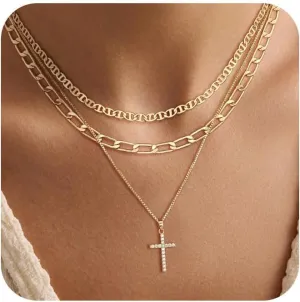 Layered Gold Necklaces for Women Dainty 14k Gold/Silver Plated Stackable Choker Necklaces for Women Trendy Cuba Cross Circle Pendant Necklaces Set Jewelry Gifts for Women