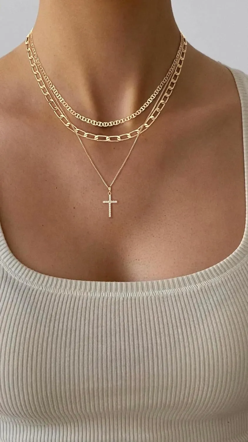 Layered Gold Necklaces for Women Dainty 14k Gold/Silver Plated Stackable Choker Necklaces for Women Trendy Cuba Cross Circle Pendant Necklaces Set Jewelry Gifts for Women