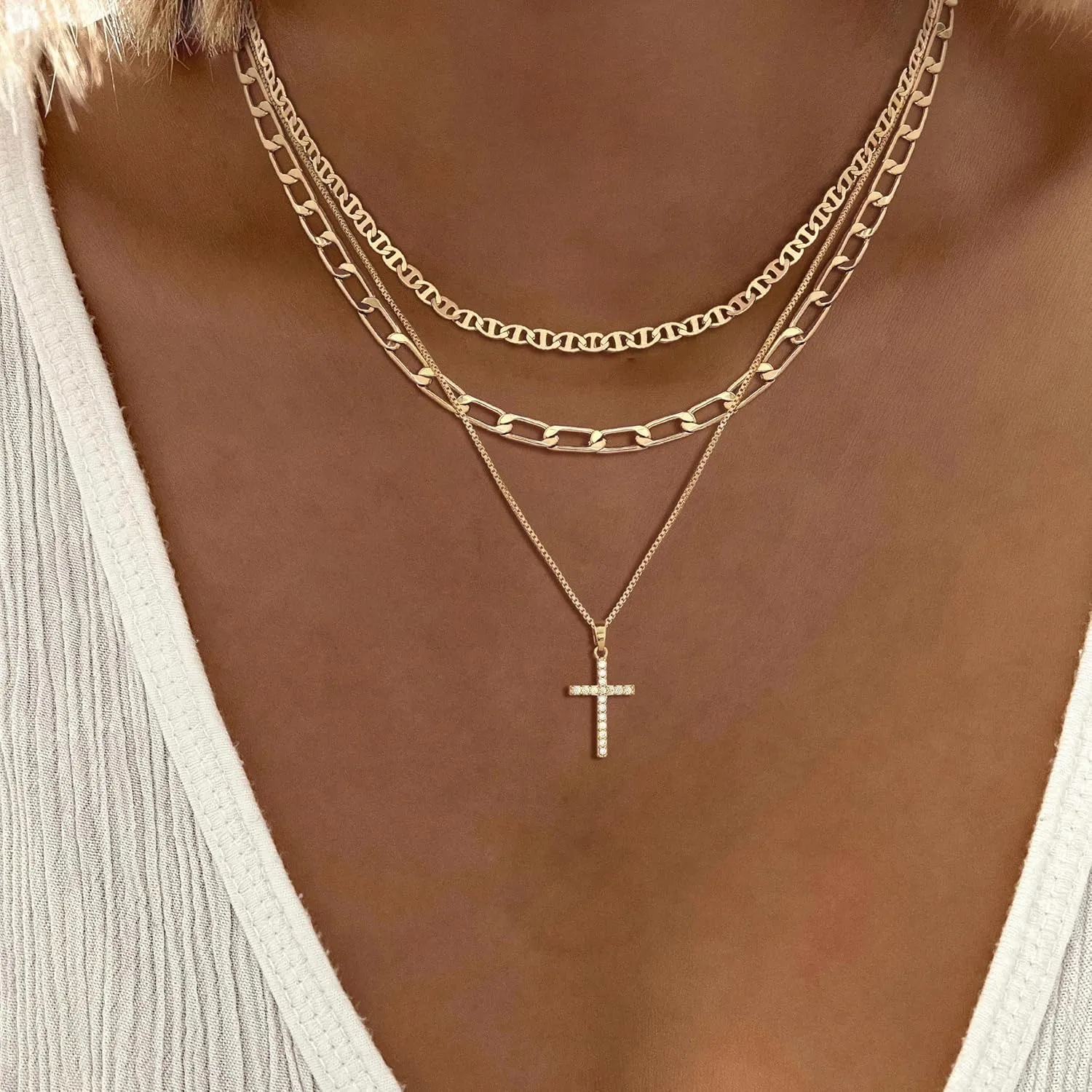 Layered Gold Necklaces for Women Dainty 14k Gold/Silver Plated Stackable Choker Necklaces for Women Trendy Cuba Cross Circle Pendant Necklaces Set Jewelry Gifts for Women