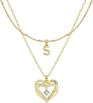 Layered Heart Necklaces for Women, 14k Gold Plated Layering Cubic Zirconia Heart Pendant Initial A-Z Choker Necklaces, Adjustable Chain Necklaces Jewelry Gift for Women Wife Mom