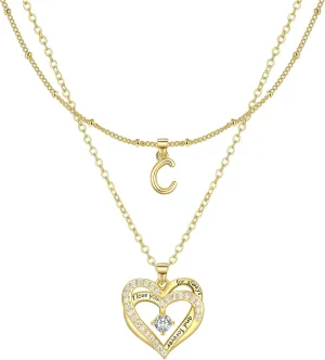 Layered Heart Necklaces for Women, 14k Gold Plated Layering Cubic Zirconia Heart Pendant Initial A-Z Choker Necklaces, Adjustable Chain Necklaces Jewelry Gift for Women Wife Mom