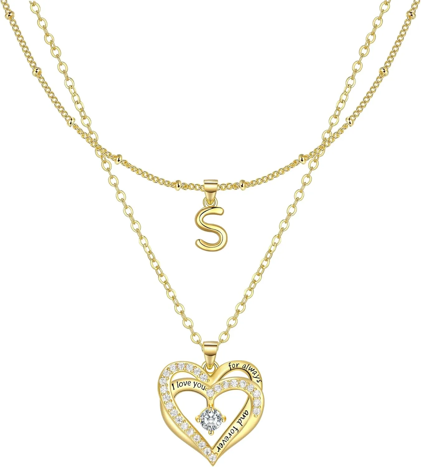 Layered Heart Necklaces for Women, 14k Gold Plated Layering Cubic Zirconia Heart Pendant Initial A-Z Choker Necklaces, Adjustable Chain Necklaces Jewelry Gift for Women Wife Mom