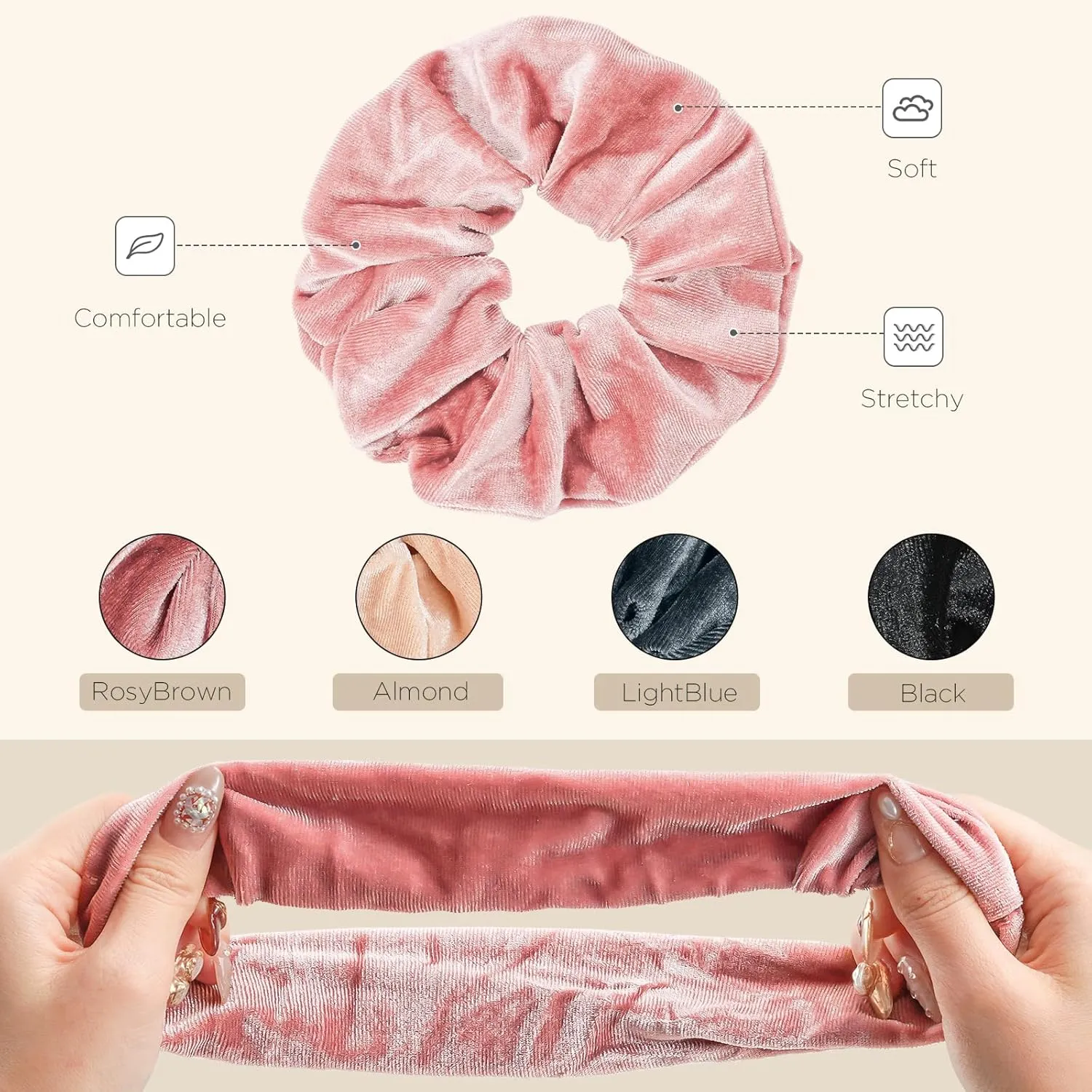 Lolalet Large Soft Velvet Scrunchies for Hair, Elastic Hair Bands Scrunchy for Women Girls, Ponytail Holder Hair Accessories Teens for Thick Curly Hair -4 Pack, Style A