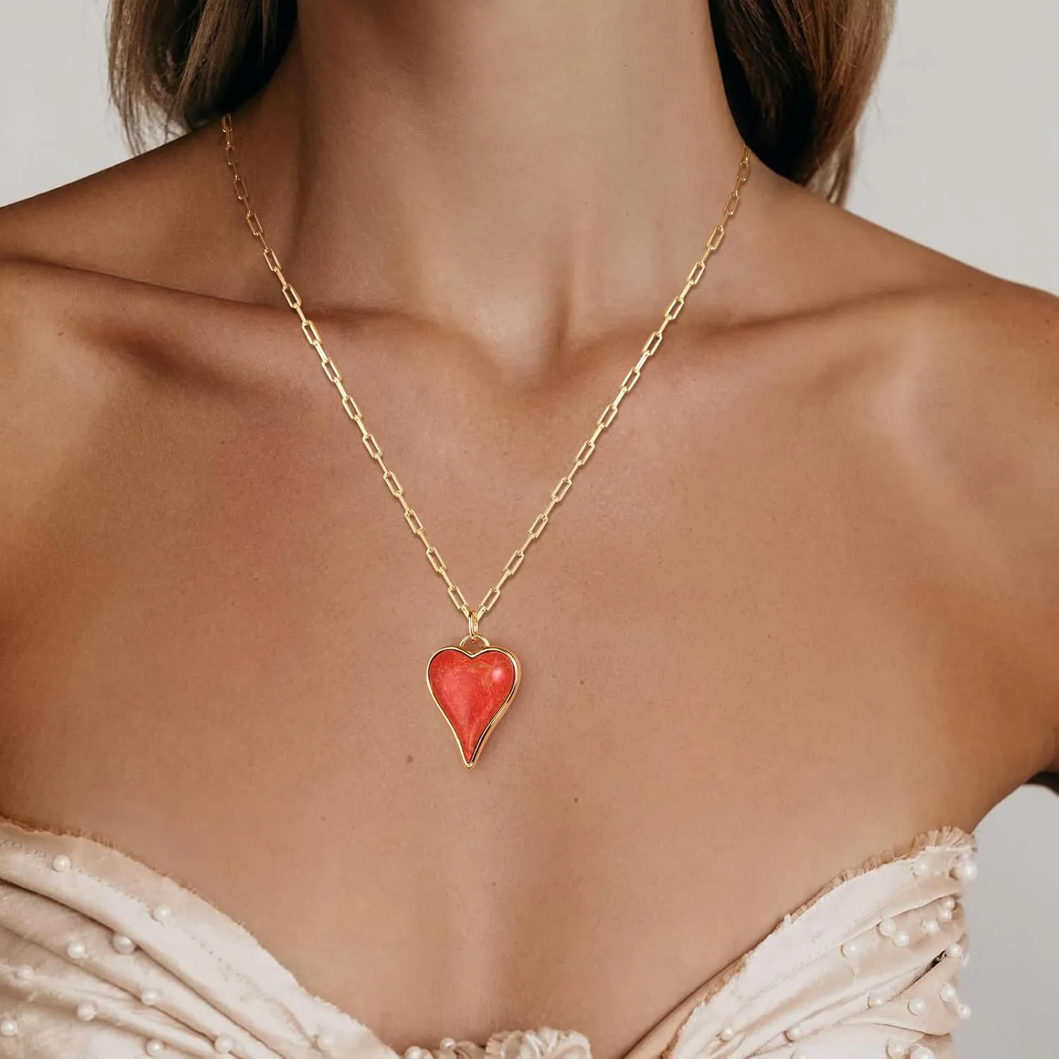 Long Heart Necklaces for Women 14K Gold plated Sterling Silver Chain Paperclip Toggle Necklaces Turquoise/Coral/Malachite Halo Pendant Western Jewelry