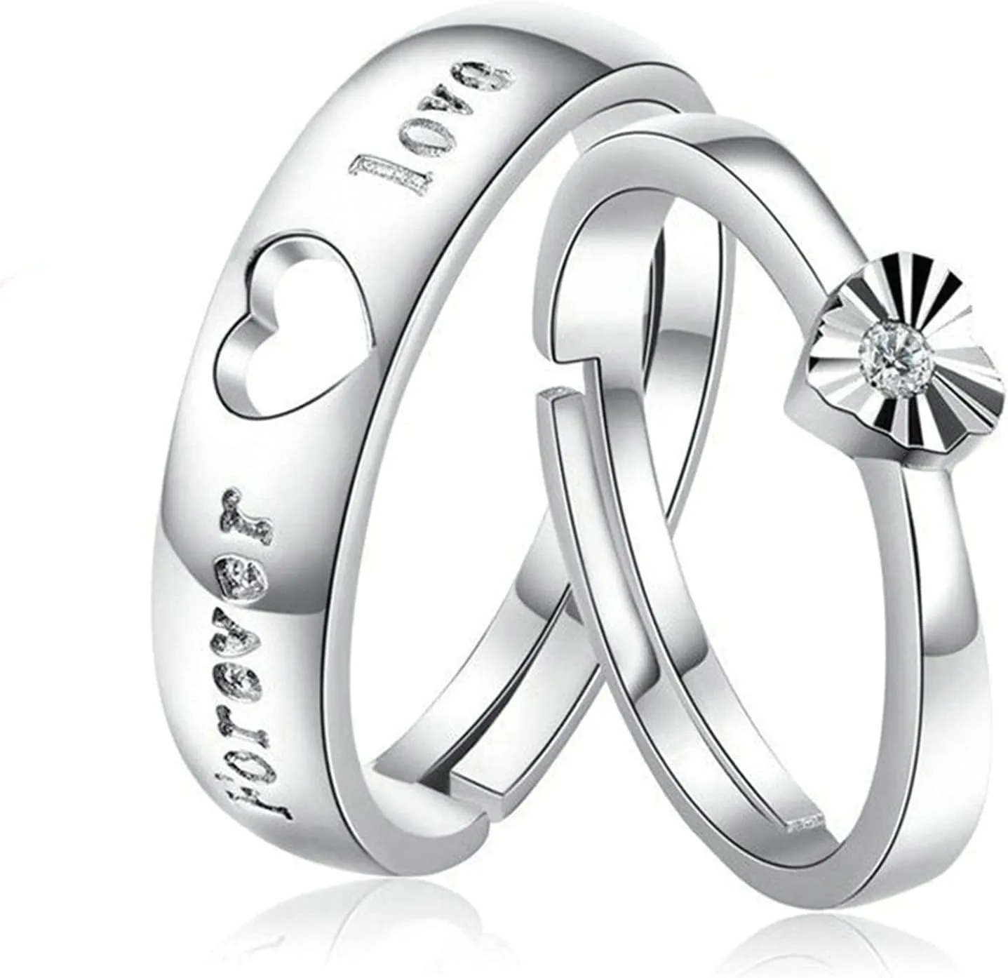 Matching Wedding Bands for Him and Her, Matching Promise Rings for Couples Silver Customizable Adjustable Matching Heart Ring with Cubic Zirconia Forever Love