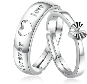 Matching Wedding Bands for Him and Her, Matching Promise Rings for Couples Silver Customizable Adjustable Matching Heart Ring with Cubic Zirconia Forever Love