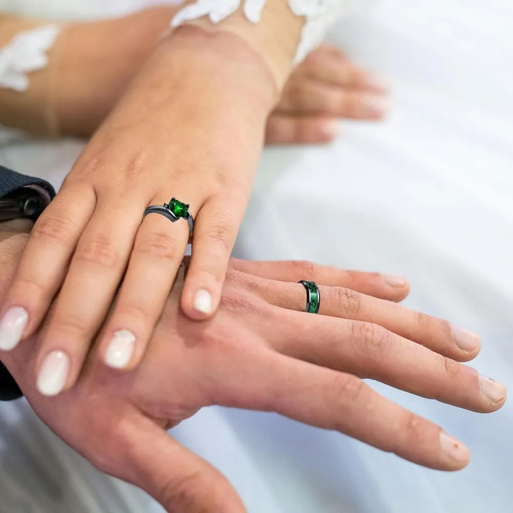 Matching Wedding Rings for Couples Set Promise Rings for Him and Her Customizable Emerald Green Engagement Rings for Women Mens Wedding Ring Tungsten Engraved Valentine's Day Jewelry Gift