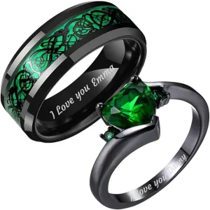 Matching Wedding Rings for Couples Set Promise Rings for Him and Her Customizable Emerald Green Engagement Rings for Women Mens Wedding Ring Tungsten Engraved Valentine's Day Jewelry Gift