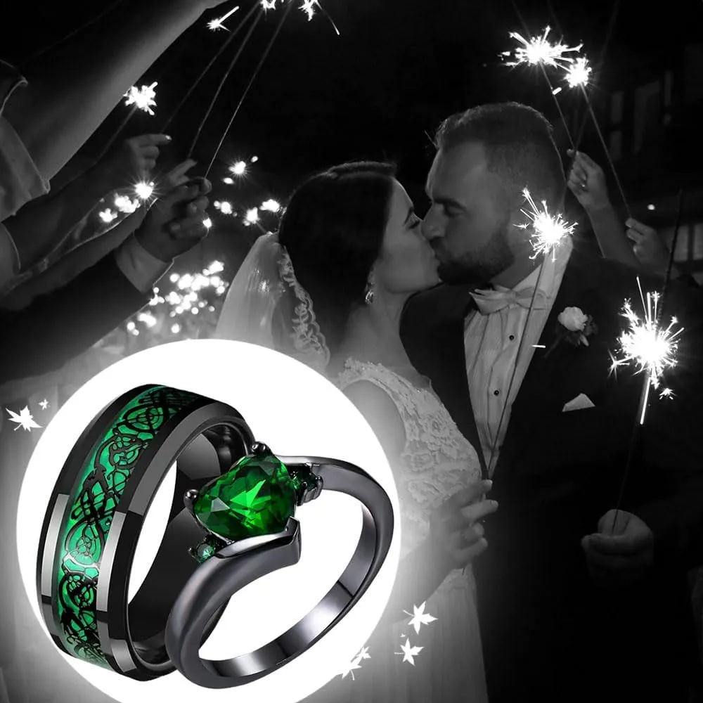 Matching Wedding Rings for Couples Set Promise Rings for Him and Her Customizable Emerald Green Engagement Rings for Women Mens Wedding Ring Tungsten Engraved Valentine's Day Jewelry Gift