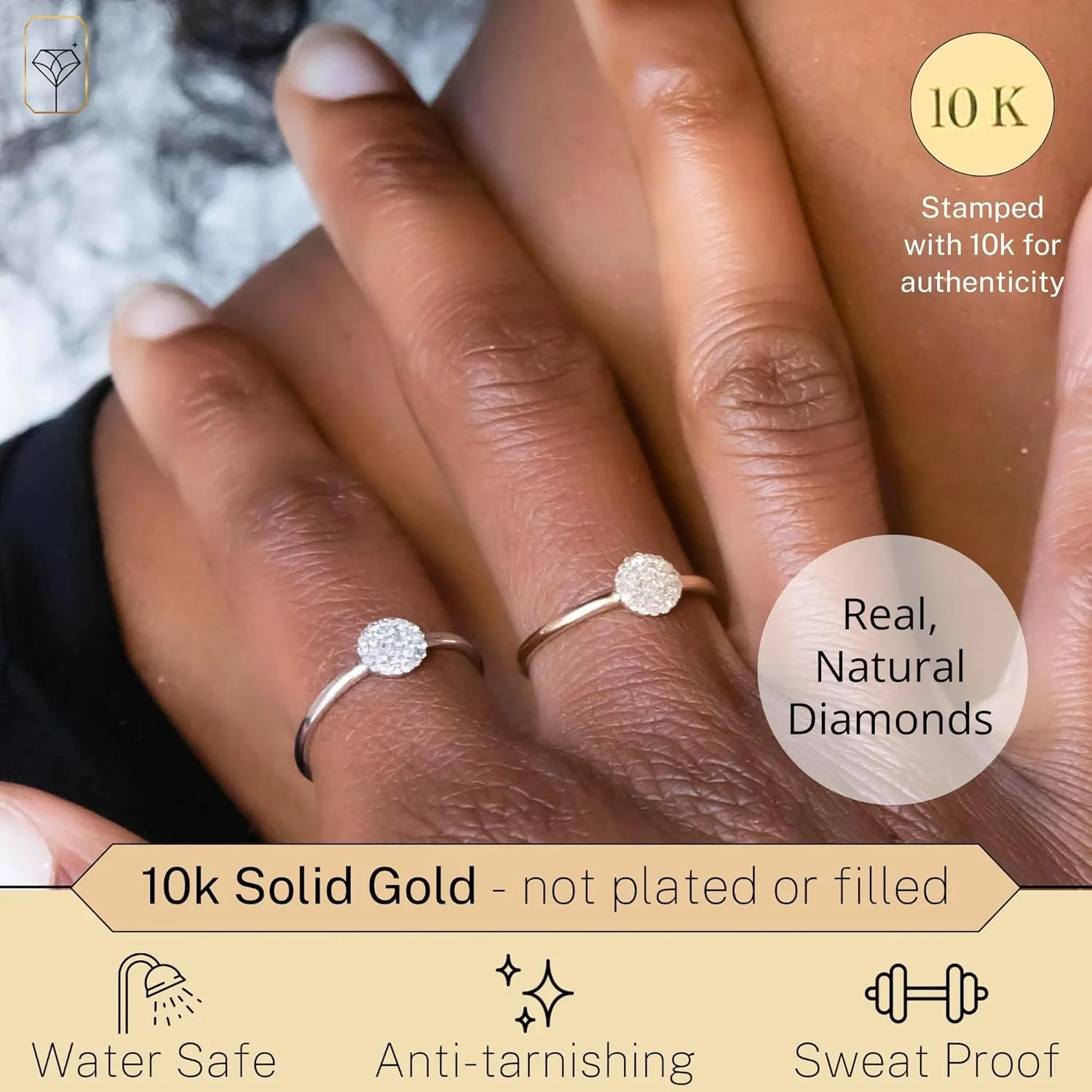 MAX   STONE Solid 10k Gold Pave Diamond Ring for Women | Round Shaped White & Yellow Gold Diamond Ring for Women | Real Diamond Promise Ring for Her Gold | Diamond Gold Ring Sizes 6-8