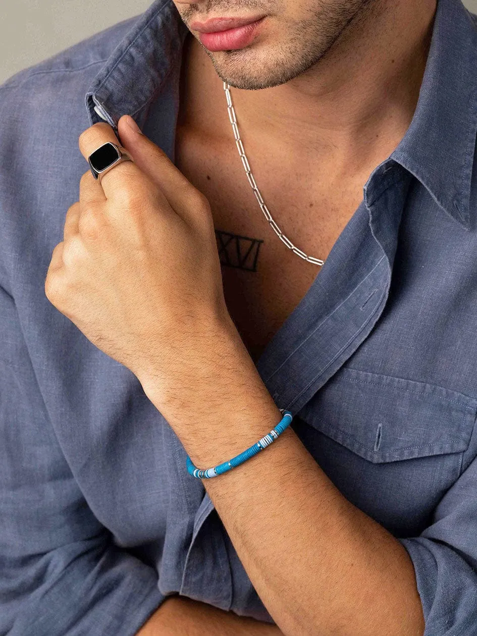 Men's Beaded Bracelet with Light Blue and Silver Disc Beads