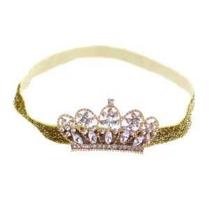 Mikinona Baby Girls Rhinestone Crown Headband Lovely Elastic Hairband Headdress Hair Accessories Golden Ribbon Crown Infants Toddlers